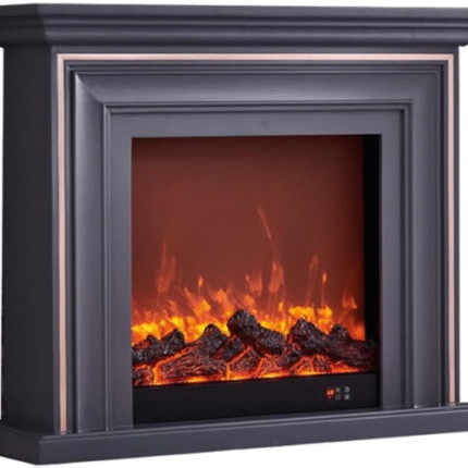 Chimenea eléctrica moderna premium gris HFERTSCN Home con repisa de roble, chimenea decorativa independiente de 120 cm, 2 llamas realistas y temporizador, control remoto FANDIAO